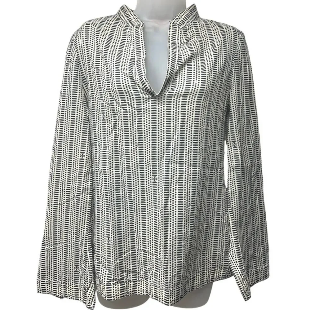 Tory Burch Stephanie Size 6 Blouse Beige Black Clear Sequin Tunic Top V-Neck